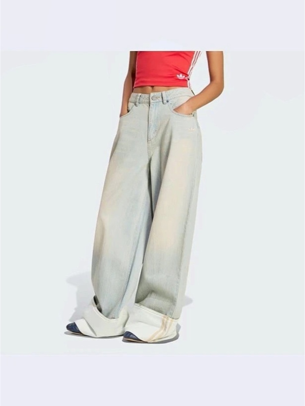 adidas Vintage Wide Leg Jeans Color Block Blue & White Medium